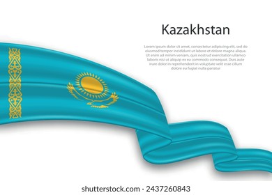 Elegant, wavy abstract representation flag of Kazakhstan, flowing on a white background with placeholder text