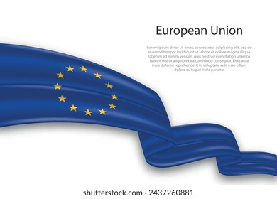 Elegant, wavy abstract representation flag of European Union, flowing on a white background with placeholder text