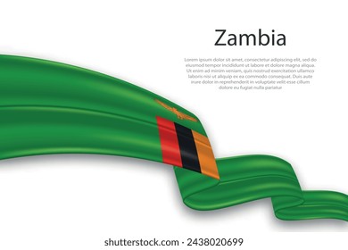 Elegant, wavy abstract representation flag of Zambia, flowing on a white background with placeholder text