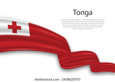 Elegant, wavy abstract representation flag of Tonga, flowing on a white background with placeholder text