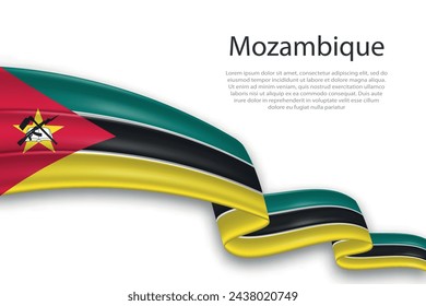 Elegante, ondulada bandera de representación abstracta de Mozambique, que fluye sobre un fondo blanco con texto de marcador de posición