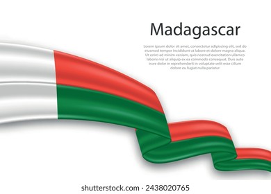 Elegant, wavy abstract representation flag of Madagascar, flowing on a white background with placeholder text