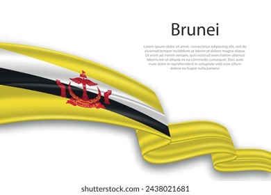 Elegant, wavy abstract representation flag of Brunei, flowing on a white background with placeholder text