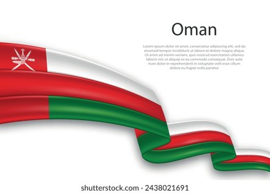 Elegant, wavy abstract representation flag of Oman, flowing on a white background with placeholder text