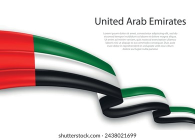 Bandera de representación abstracta ondulada y elegante de los Emiratos Árabes Unidos, que fluye sobre un fondo blanco con texto de marcador de posición