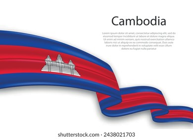 Elegant, wavy abstract representation flag of Cambodia, flowing on a white background with placeholder text