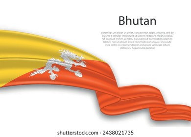 Elegant, wavy abstract representation flag of Bhutan, flowing on a white background with placeholder text