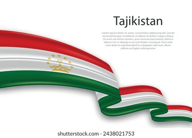 Bandera de representación abstracta elegante y ondulada de Tayikistán, que fluye sobre un fondo blanco con texto de marcador de posición