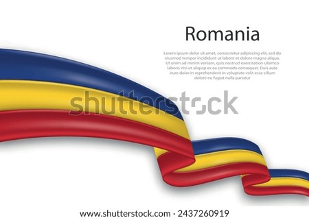 Elegant, wavy abstract representation flag of Romania, flowing on a white background with placeholder text