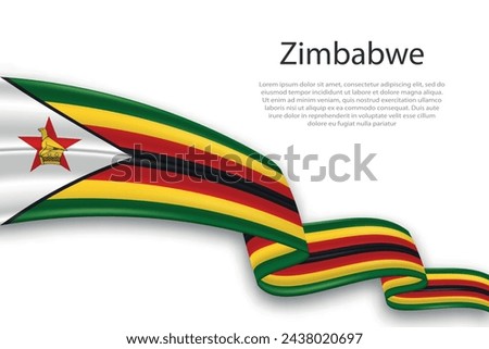 Elegant, wavy abstract representation flag of Zimbabwe, flowing on a white background with placeholder text