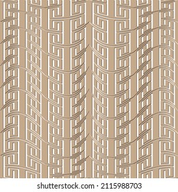 Elegant wavy borders seamless pattern. Beautiful golden ornaments on white background. Greek tribal ethnic style repeat structured backdrop. Decorative geometric isolated design. Endless wave texture.