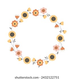 Elegant wavy flower wreath frame. Scandinavian flowers border for Birthday, anniversary, greeting card, baby shower celebration.