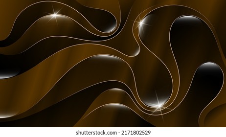 Elegant wavy wallpaper in chocolate tones. Overlapping glittery wavy shapes with gold edging. Vector.