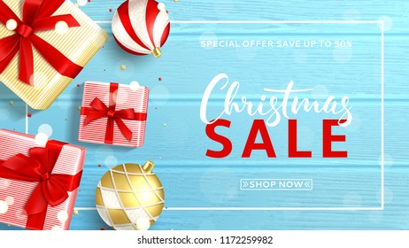 Elegant web banner for Christmas sale. Beautiful background with top view on realistic gift boxes and Christmas balls on rustic wooden texture. Vector illustration with confetti and effect bokeh.