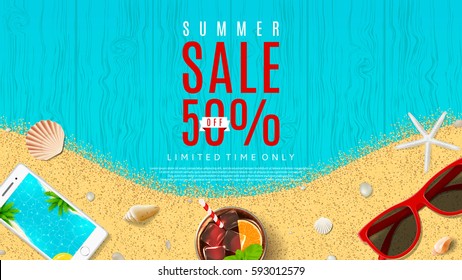 Elegant web banner for summer sale. Top view on sun glasses, seashells, fresh cocktail, smartphone and sea sand on wooden texture. Vector illustration with special discount offer.