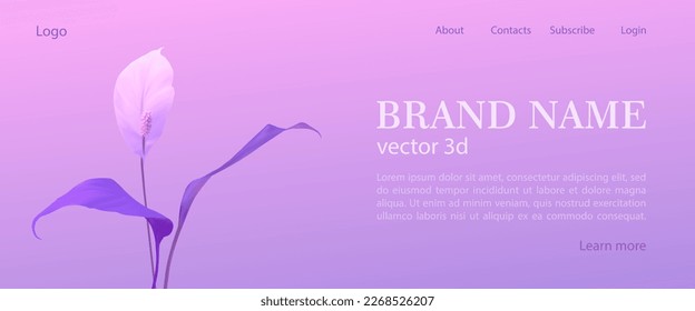 Elegant web page design template with pink gradient, vector 3d tropical leaf and flower. Minimalist floral background for website banner design.