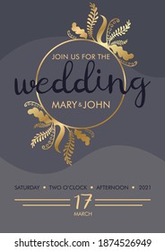 an elegant wector template for wedding invitation with golden frame and grey background