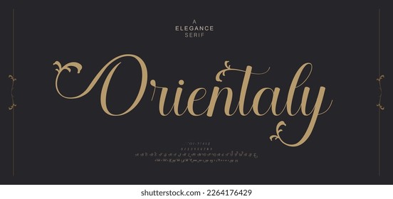 Elegante letra de letras del alfabeto de bodas con colas. Tipografía oriental lujosa tipografía clásica serif y número retro vintage decorativo para marca de logotipo. ilustración vectorial