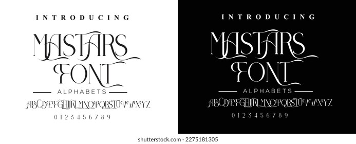 Elegante Hochzeitsalphabeten, Schriftart und Nummer. Typografisches klassisches Schriftzeichen serf Schriftarten dekorative Vintage Retro Design Konzept. Vektorgrafik