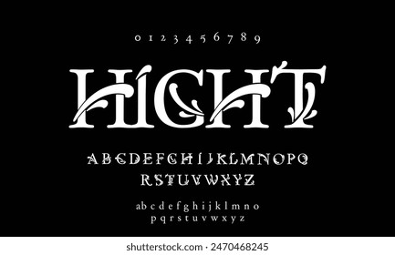 Elegant wedding alphabet letters logos font with tails. Typography elegant oriental luxury classic serif fonts and number decorative vintage retro for logo branding.