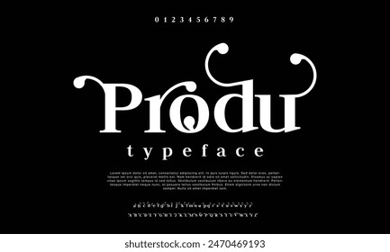 Elegant wedding alphabet letters logos font with tails. Typography elegant oriental luxury classic serif fonts and number decorative vintage retro for logo branding.