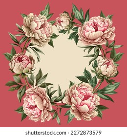Elegant wedding background with a peony wreath. Vector illustration.