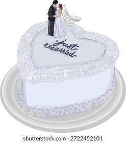 Elegante Hochzeitstorte, Vektorgrafik mit Braut- und Bräutigam-Oberteil und "Just Married"-Schriftzug. Romantisches weißes Kuchendesign für Hochzeitseinladungen, Grußkarten.