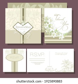 elegant wedding card with beautiful lily floral and leaves template
Invitation,