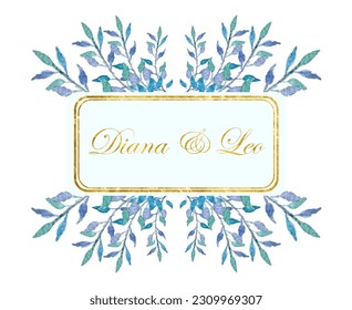 Elegant wedding card design with hand painted watercolor plums and gold decorative. Artistic spring bridal design postcard