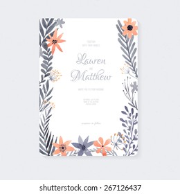 Elegant wedding card design with handpainted watercolor flowers. Artistic floral summer or spring bridal design. 