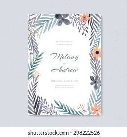 Elegant wedding card design with handpainted watercolor flowers. Artistic floral summer or spring bridal design. 