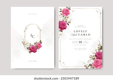 elegant wedding card set with beautiful roses flowers and golden line design