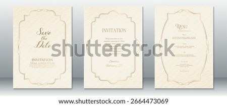 Elegant wedding card set featuring Save the Date, Invitation, and Menu in beige paper texture with refined gold ornamental frames. Perfect for luxury and vintage-style weddings, printable templates.

