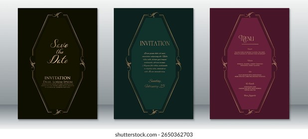 Elegant wedding card set including Save the Date, Invitation, and Menu designs. Features contemporary gold-lined geometric frames on deep green, black, and wine-red backgrounds.