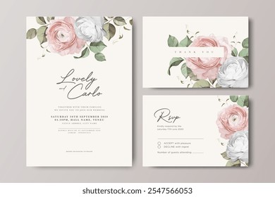 Elegante conjunto de tarjetas de boda Plantilla con flor de ranúnculo