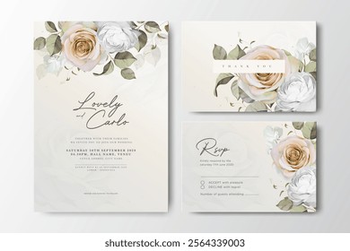 elegant wedding card set template with creamy roses flower background