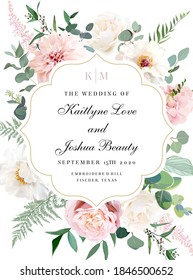 Elegant wedding card with summer flowers. Ivory white peony, dusty pink blush rose, pale dahlia, hydrangea, eucalyptus, greenery. Floral vector design curved frame. Elements are isolated and editable