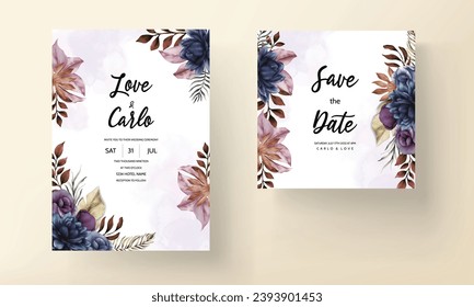 Elegant wedding card template with classic blue flower and leaves