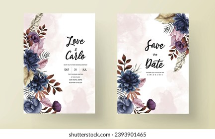 Elegant wedding card template with classic blue flower and leaves
