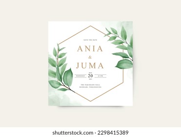 Elegant wedding card template with green leaves
