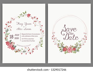 Elegant wedding cards consist of various kinds of flowers.