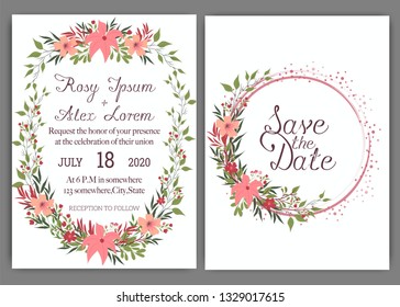 Elegant wedding cards consist of various kinds of flowers.