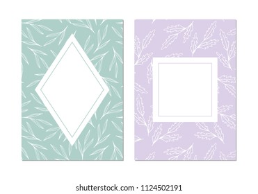 Elegant wedding cards with natural print. Hand drawn vector design. Soft pastel colors.