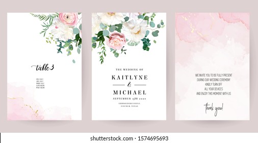 Elegant wedding cards and pink watercolor texture   spring flowers  White peony  pink ranunculus  dusty rose  eucalyptus  greenery  Floral vector design frame All elements are isolated   editable
