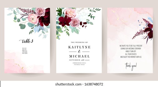 Elegant wedding cards with pink watercolor texture and spring flowers. Burgundy red peony, pink ranunculus, dusty rose, orchid, eucalyptus, greenery. Floral vector design frame. Isolated and editable