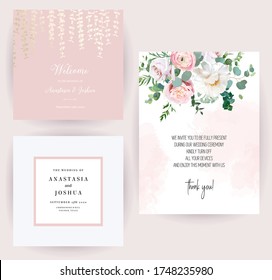 Elegant wedding cards with pink watercolor texture and spring flowers. White peony, pink ranunculus, dusty rose, eucalyptus, greenery. Floral vector design frame.All elements are isolated and editable