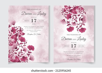 Elegant wedding cards with watercolor texture with leaves, flowers, Abstract background, save the date, invitation, greeting card, multi-purpose vector, Floral wedding frames, botanic illustration.