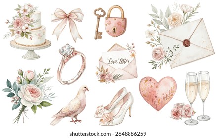 Elegante clipart casamento definido em estilo aquarela. Inclui bolo, anel, buquês floral, letras, coração, sapatos, pomba, champanhe, arco, fechadura e chave. Perfeito para convites, papelaria.