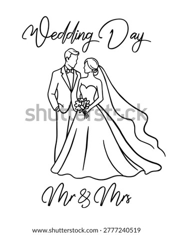 Elegant wedding couple line art illustration, bride and groom minimal vector.Elegant minimal line art illustration of a wedding couple, bride and groom standing together. Clean black outline drawing isolated on light background. Suitable for wedding invitations, greeting cards, branding, posters and romantic design projects.