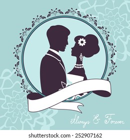 Elegant wedding couple in silhouette. Wedding card  in vector format